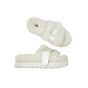 UGG Fluffita Slide Slippers Platform White Sheepskin 1113475 Logo Size US 8
